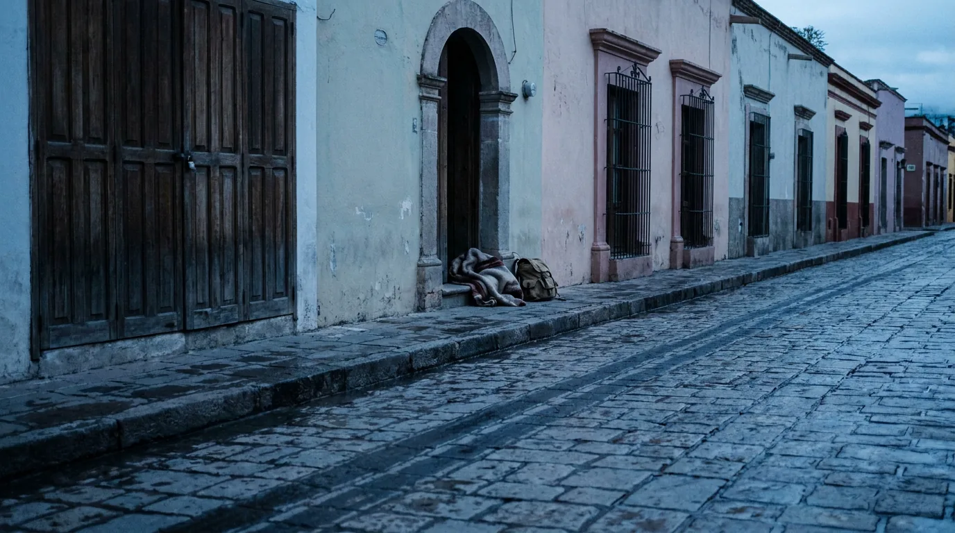 Una calle empedrada al amanecer, vacía y fría