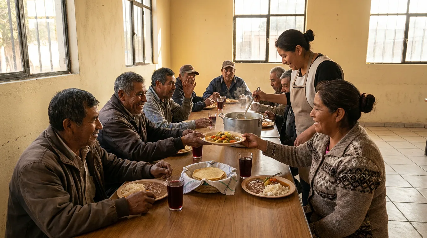 Comida compartida en la mesa larga del comedor
