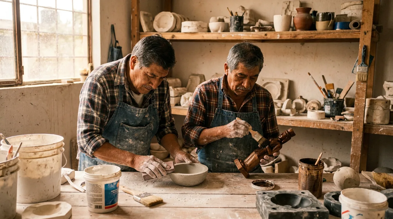 Dos artesanos dando acabados a piezas de cemento y yeso
