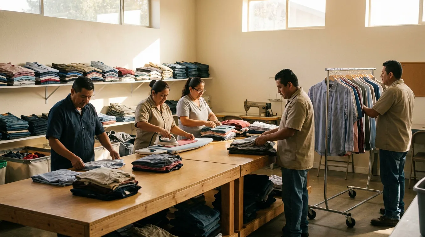 Personas separando, doblando y planchando ropa en un taller comunitario
